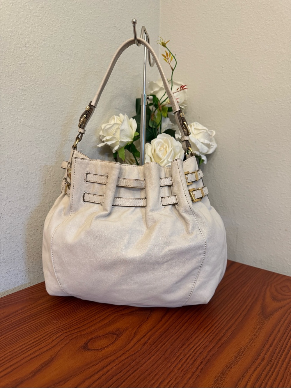 Michael Kors Cream Leather Shoulder Hobo with Buckle Straps